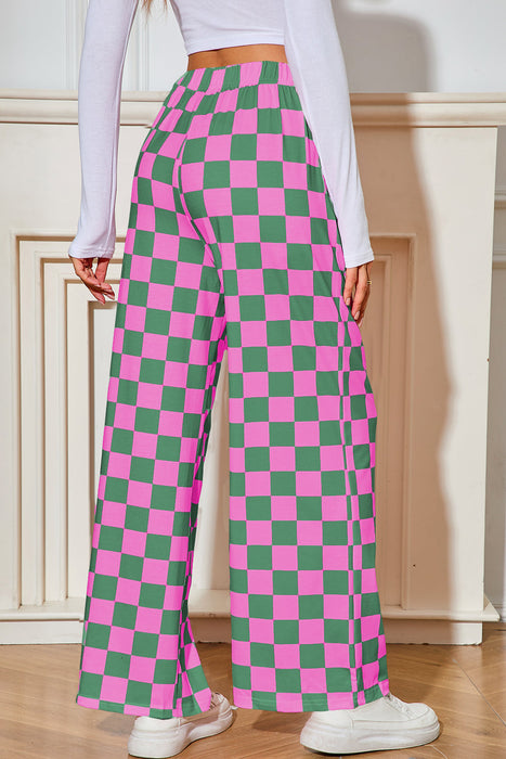 Green Checkered Print High Waist Wide Leg Pants