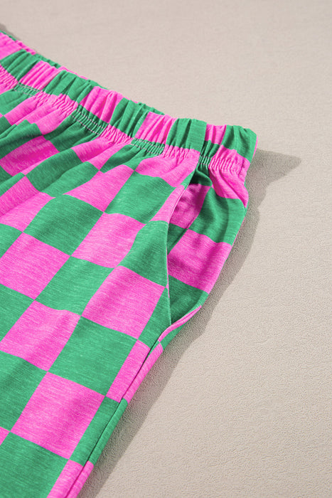 Green Checkered Print High Waist Wide Leg Pants