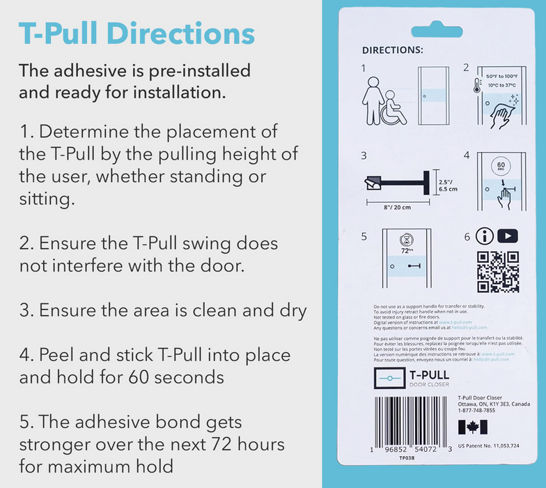T-Pull Manual Door Closer for Wheelchair Users - Canadian Made Accessibility Aid - Swivel Design for Interior/Exterior Doors (Black ABS)